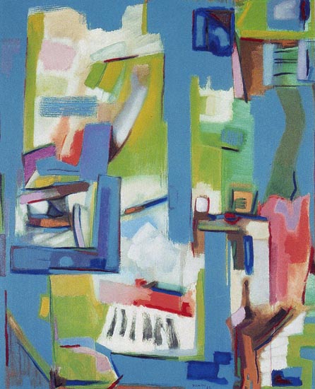 «Subindo para a vila e seu castelo», acrílico s/ tela, 100 x 81, 1988, col. particular. Exposto na Galeria Nasoni – Lisboa (1989)