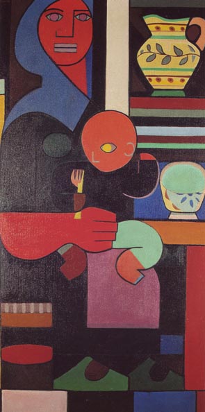 «Maternidade Camponesa», óleo s/ platex, 142 x 75, 1950. Exposto na V EGAP (1950), com o título «Maternidade»; na exposição «Neo-realismo» (1983), na Galeria Nasoni (1989), em Vila Franca de Xira (1991), no CAM da FCG (1991), na exposição «Neo-Realismo / Neo-Realismos» (1996), em «Um tempo, um lugar» em Vila Franca de Xira (2005).