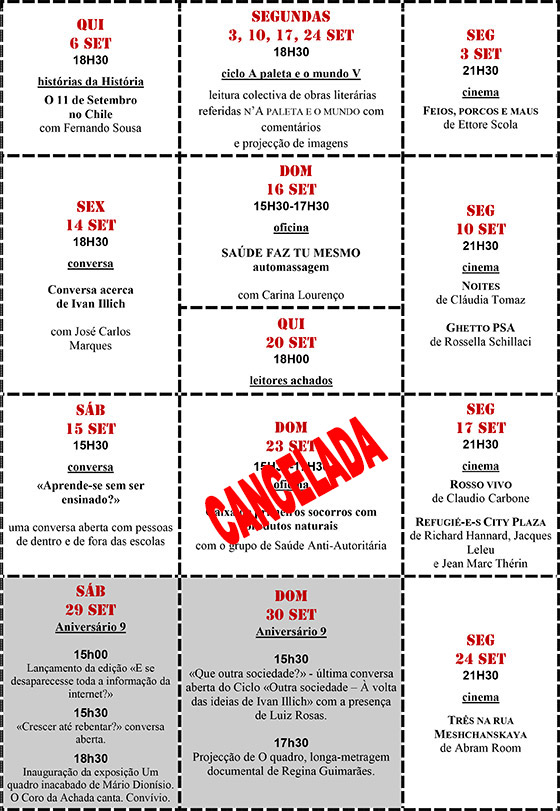 Cartaz da programação do mês de Setembro 2018