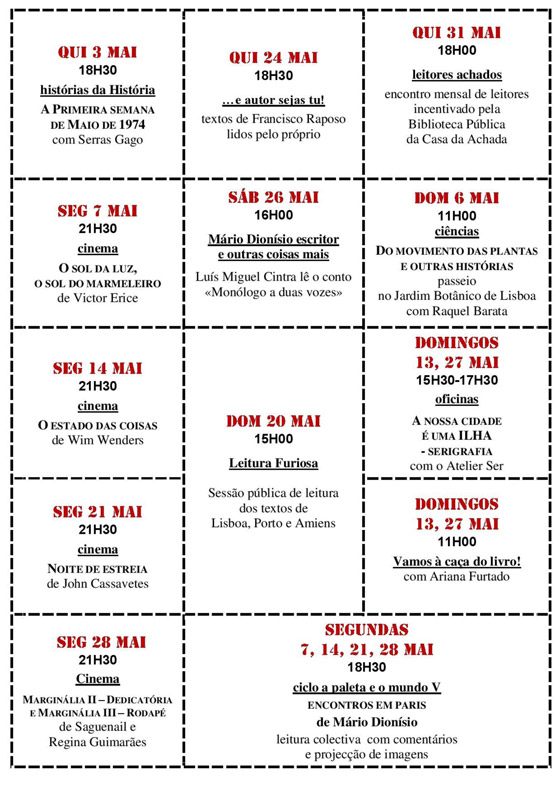Cartaz da programação do mês de Maio 2018