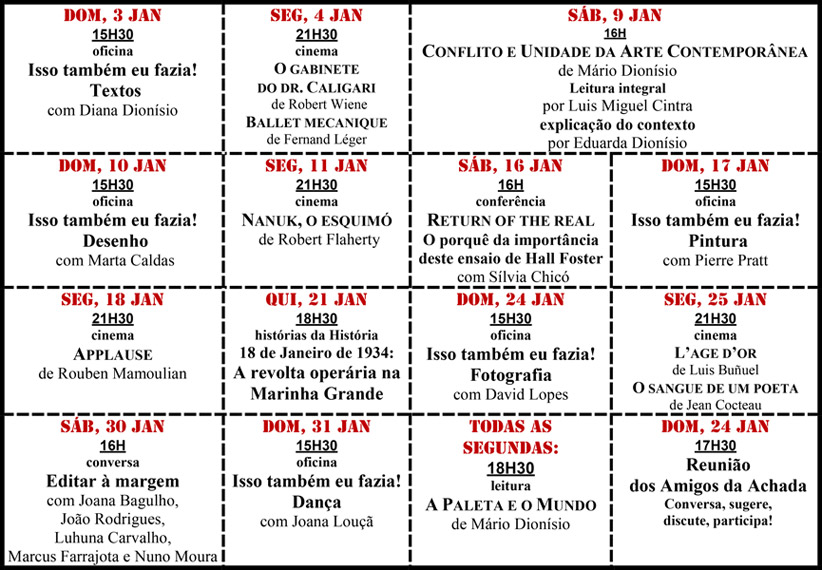 Cartaz da programação do mês de Janeiro 2016