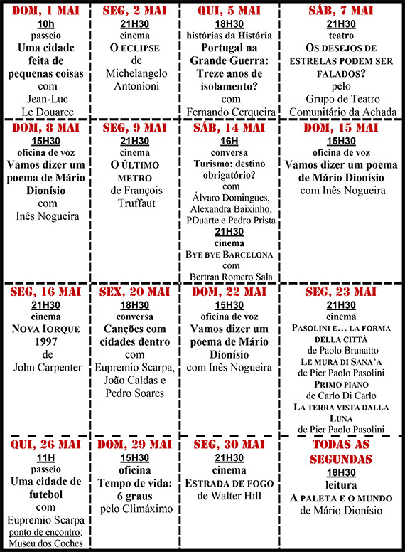 Cartaz da programação do mês de Maio 2016