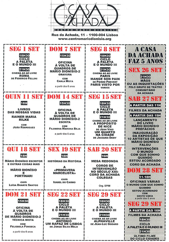 Cartaz da programação do mês de Setembro de 2014