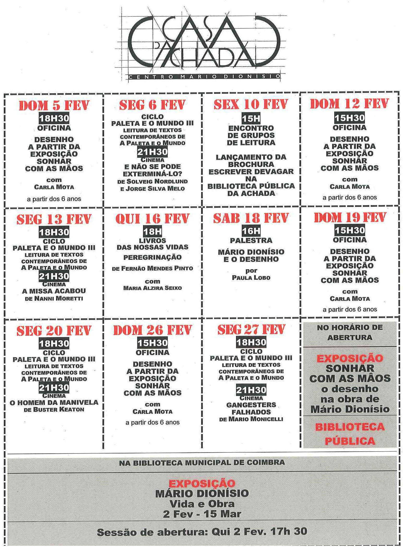 Cartaz da programação do mês de Fevereiro