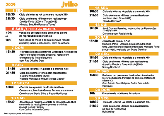 Cartaz da programação do mês de Julho 2024