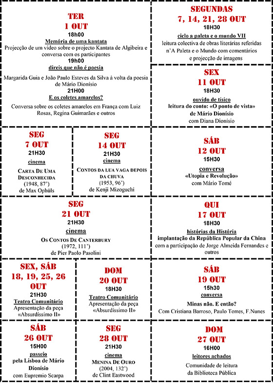 Cartaz da programação do mês de Outubro 2019
