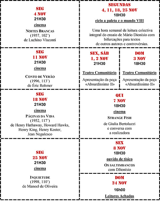 Cartaz da programação do mês de Novembro 2019