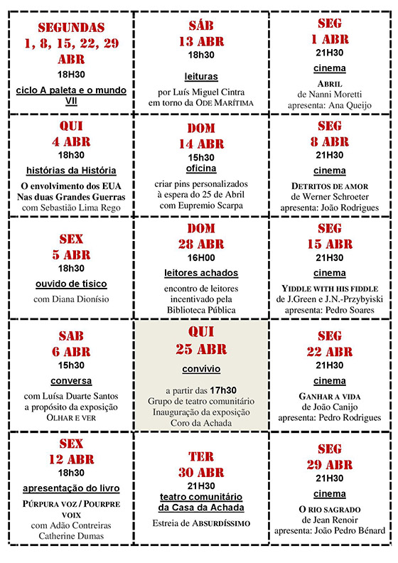 Cartaz da programação do mês de Abril 2019