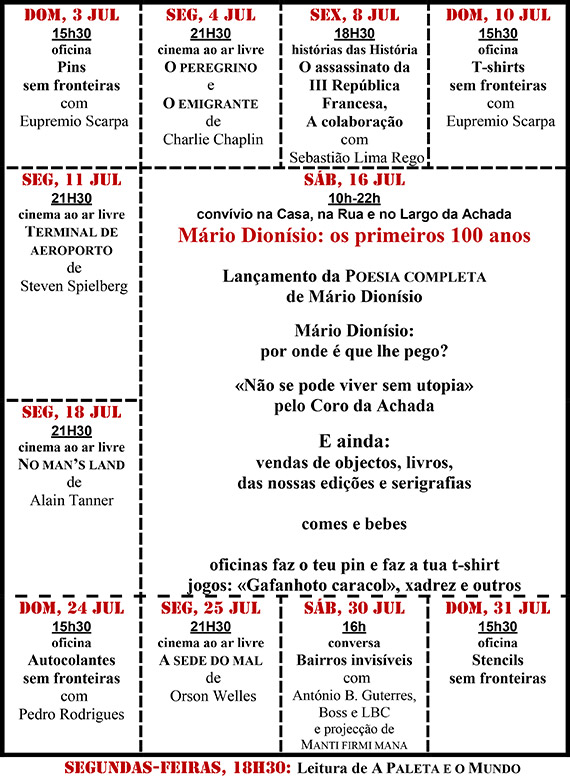 Cartaz da programação do mês de Julho 2016
