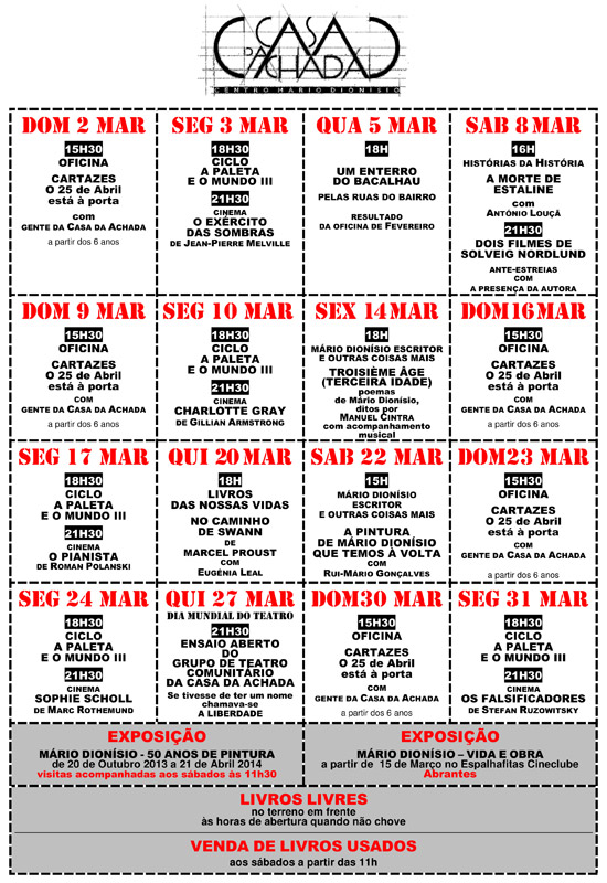 Cartaz da programação do mês de Março de 2014
