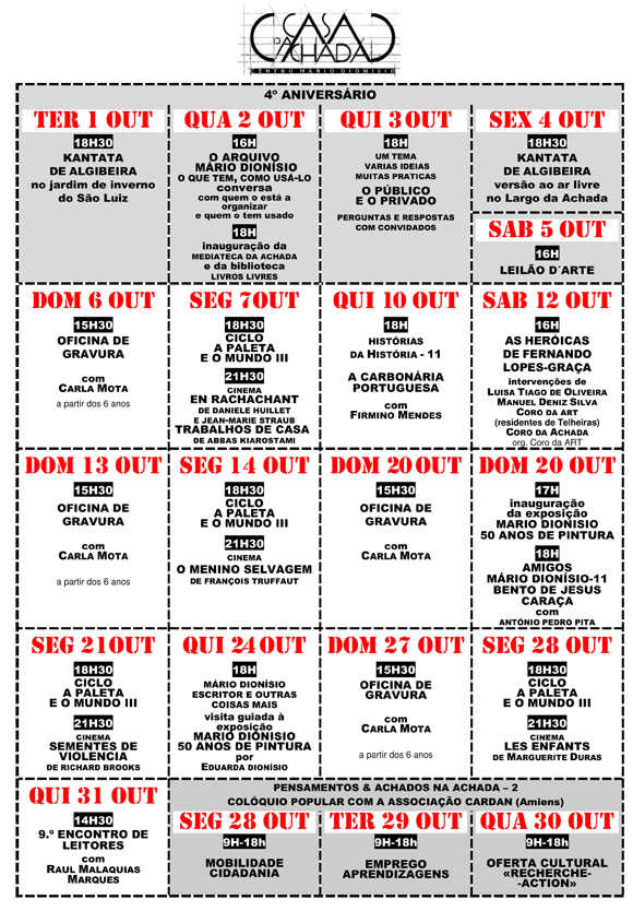 Cartaz da programação do mês de Outubro de 2013