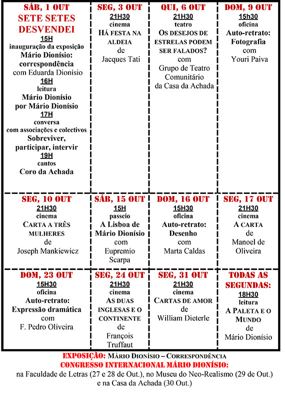 Cartaz da programação do mês de Outubro 2016