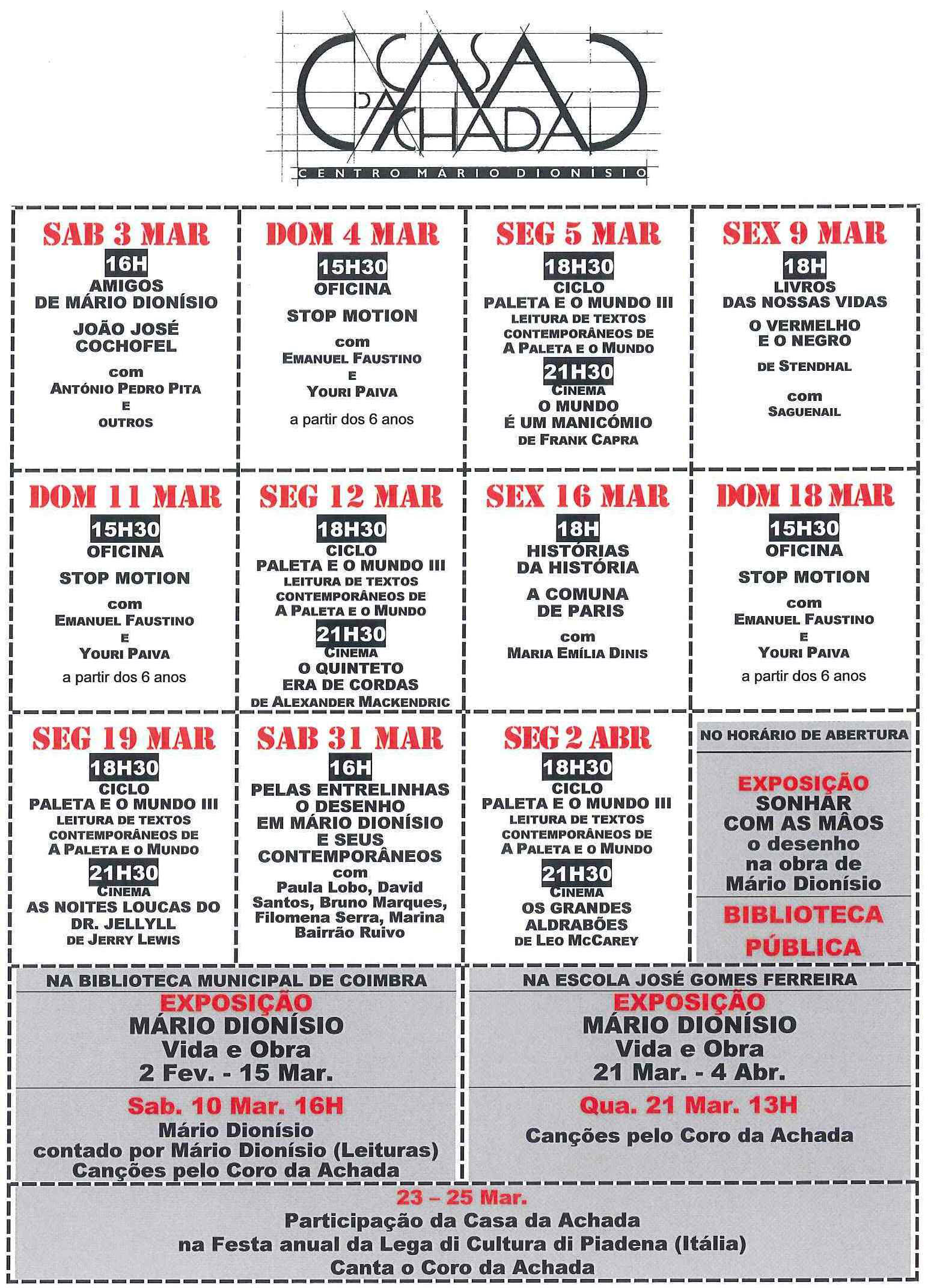 Cartaz da programação do mês de Fevereiro