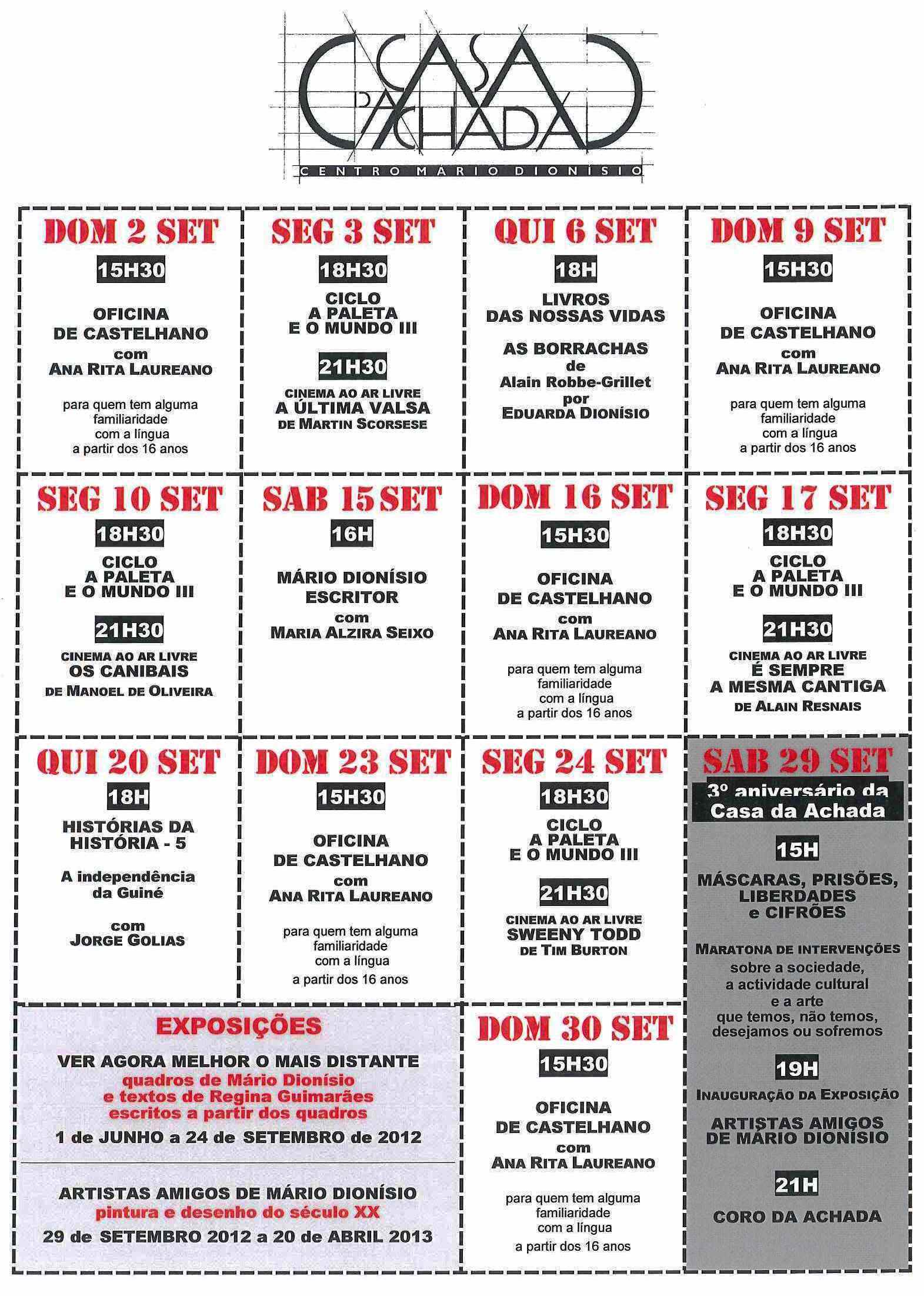 Cartaz da programação do mês de Setembro